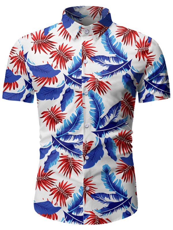 Tropical Leaf Print Button Up Beach Shirt - WHITE 3XL