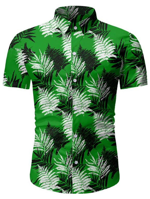 T-shirt Hawaiien Boutonné Feuille Imprimée à Manches Courtes - Vert profond 2XL