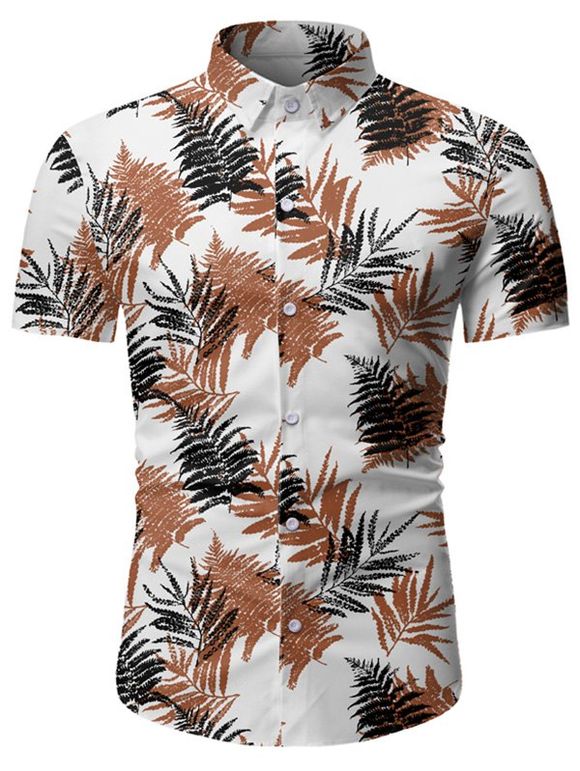 T-shirt Hawaiien Boutonné Feuille Imprimée à Manches Courtes - Blanc 3XL