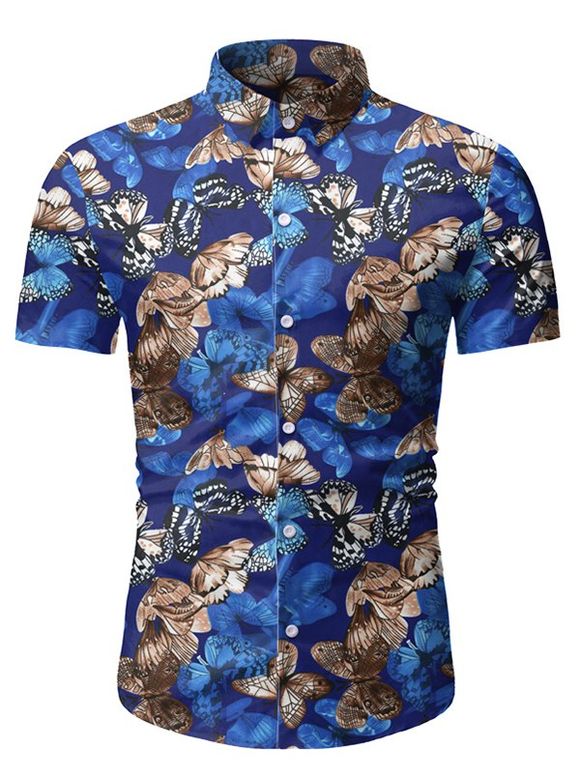 Chemise Boutonnée à Imprimé Papillon à Manches Courtes - Bleu M