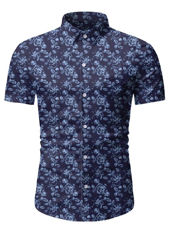 T-shirt Fleuri Imprimé à Manches Courtes - Bleu profond 3XL
