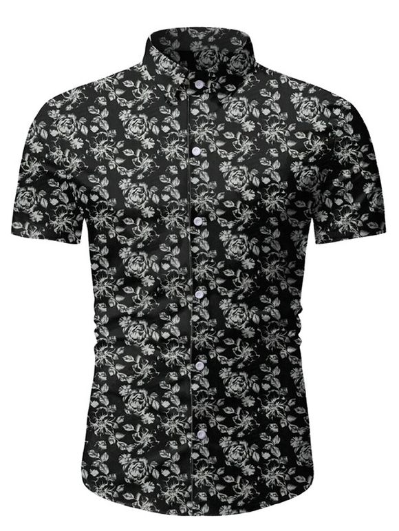 T-shirt Fleuri Imprimé à Manches Courtes - Noir 3XL