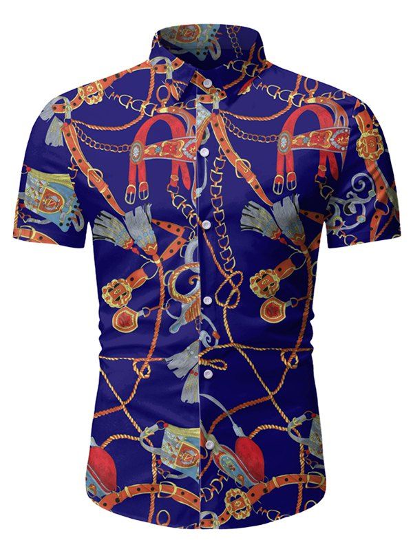 T-shirt Hawaiien Boutonné à Chaîne à Manches Courtes - Bleu 3XL