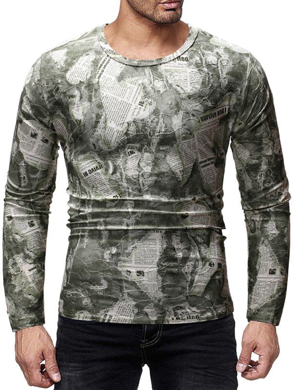 Vintage Newspaper Print Long-sleeved T-shirt - CAMOUFLAGE GREEN 2XL