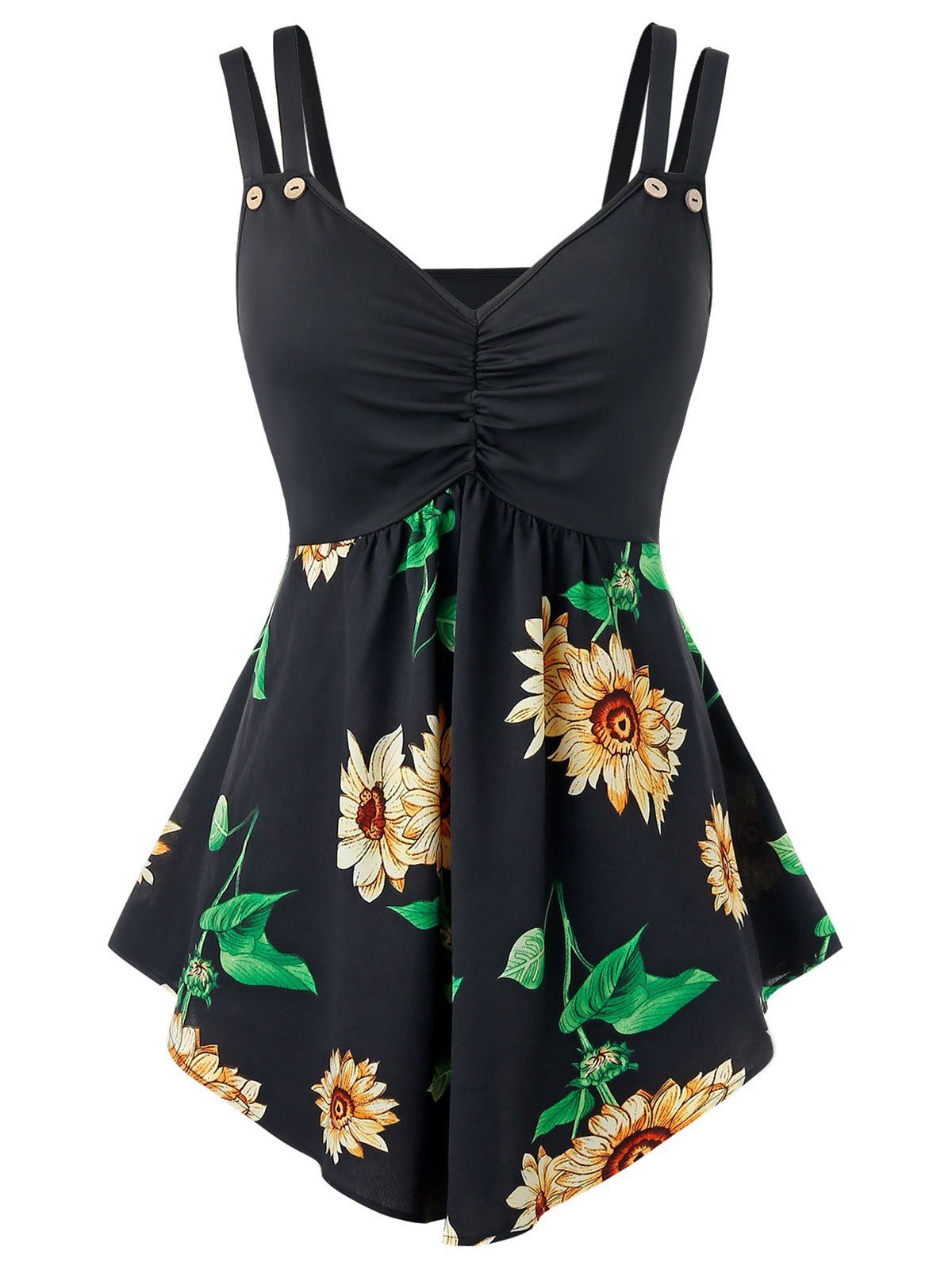 

Plus Size Sunflower Print Backless Double Strap Tank Top, Black