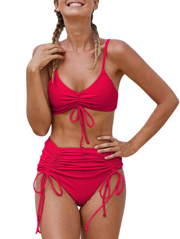 Maillot de Bain Bikini Sanglé à Taille Haute à Bretelle - Rouge Lave XL