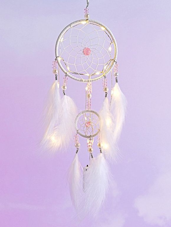 Attrape-Rêve Plumes Perles avec Fausse Perle Lumières LED - Blanc 