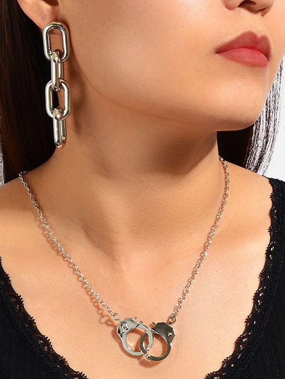 Ensemble de Boucles d'Oreilles et de Collier avec Pendentif Menottes Style Punk - Argent 