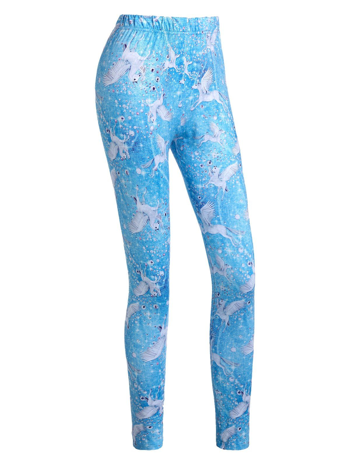 Legging Moulant Imprimé Unicorne 3D à Taille Haute - Bleu de Ciel M