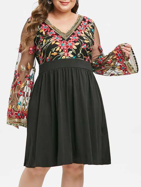 Plus Size A Line Embroidery Long Sleeve Dress