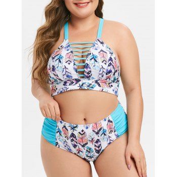 

Plus Size Ladder Cut Leaf Print Bikini Swimsuit, Blue zircon