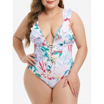 

Plus Size Plunge Lace Up Ruffled Cutout Floral One-piece Swimsuit, White