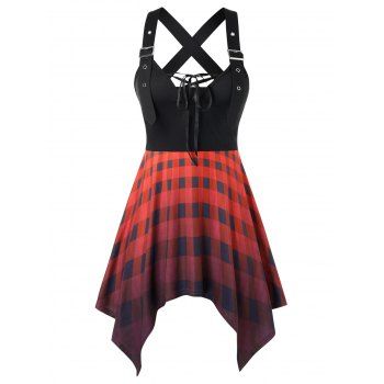 

Plus Size Lace Up Plaid Asymmetric Cross Back Tank Top, Multicolor