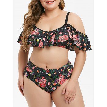 

Floral Flounce Plus Size Cold Shoulder Bikini Swimsuit, Black