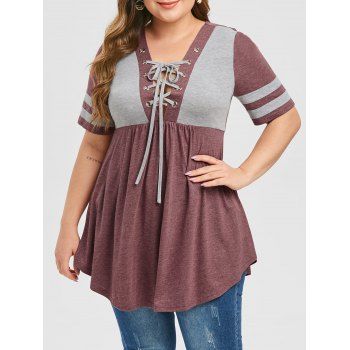 

Plus Size Lace Up Two Tone Striped Top, Red wine