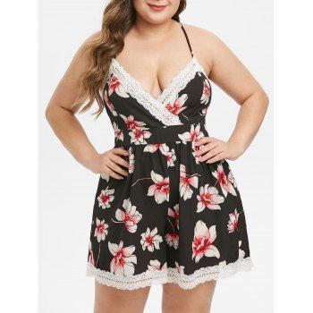 

Plus Size Lace Insert Floral Print Crisscross Romper, Black