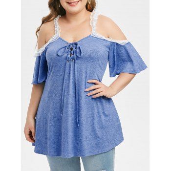 

Plus Size Lace Panel Lace Up Open Shoulder Tunic Tee, Blueberry blue