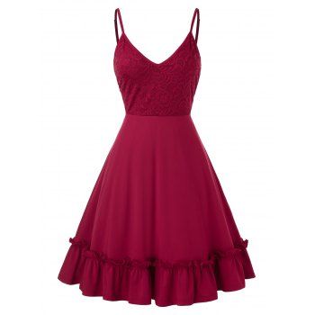 

Plus Size Lace Panel Flounce Hem Cami Dress, Red wine