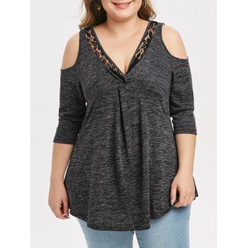

Plus Size Space Dye Twist Lace Panel Open Shoulder Tee, Light slate gray