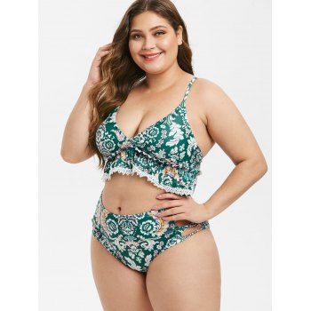 

Plant Print Lattice Frilled Plus Size Bikini Swimsuit, Sea green