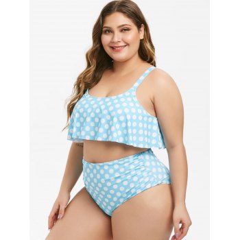 

Overlay Flounces Polka Dot High Waisted Ruched Plus Size Tankini Swimsuit, Light sky blue