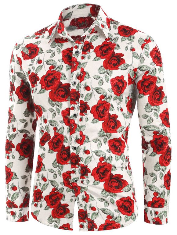 Chemise Longue Boutonnée à Imprimé Fleurie - Blanc 3XL