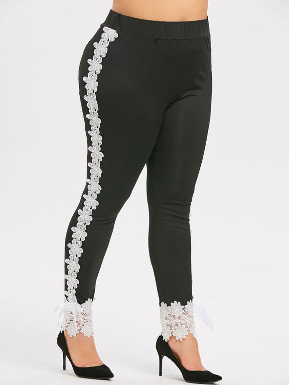 Pantalon en Dentelle Floral avec Noeud Papillon à Taille Élastique Grande Taille - Noir 4X