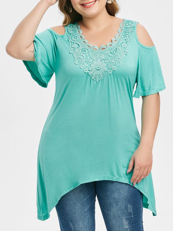 T-shirt Asymétrique Epaule Ouverte en Dentelle au Crochet de Grande Taille - Turquoise Moyenne 5X