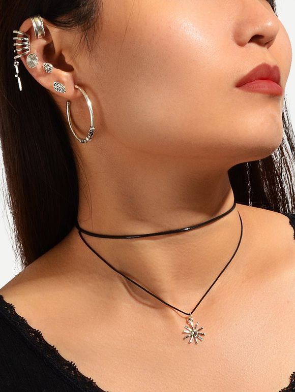 Ensemble de Boucles d'Oreilles et de Collier Géométriques Soleil - Argent 