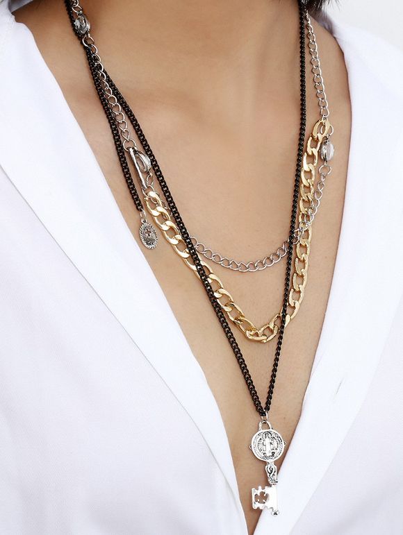 Collier Superposé Pendant Clé Gravé - Or 