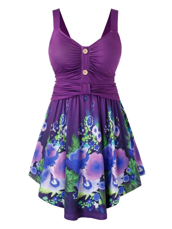 Débardeur Fleurie Imprimée de Grande Taille avec Bouton - Pourpre 4X