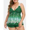 Maillot de Bain Tankini Feuille Imprimée Contrasté à Bretelle en Dentelle de Grande Taille - Vert profond 3X
