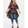 Blouse Floral Haut-Basse à Épaule Dénudée Grande Taille avec Trou de Serrure - Noir L