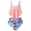 Maillot de Bain Tankini Superposé Fleuri Imprimé de Grande Taille à Volants - Rose 4X