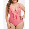 Maillot de Bain Plongeant Découpé de Grande Taille à Volants Une-Pièce - Rose Flamant 1X