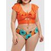 Ruffle Cinched Keyhole Printed Plus Size Two Piece Swimsuit - ORANGE 1X