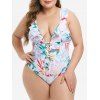 Maillot de Bain Fleuri Découpé Plongeant de Grande Taille à Volants Une-Pièce - Blanc 3X