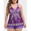Taille Plus avant Knot imprimé tribal tankini maillot de bain - Orchidée Foncée 3X