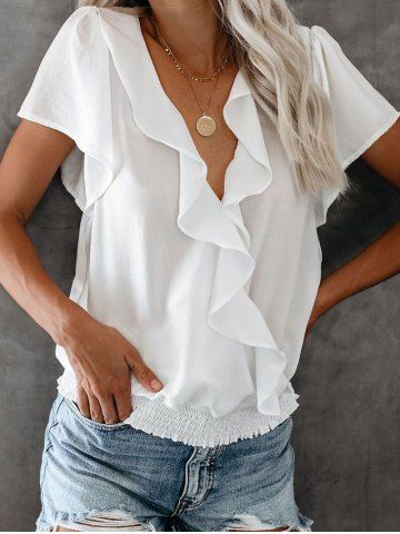 Ruffle Plunging Smocked Hem Blouse