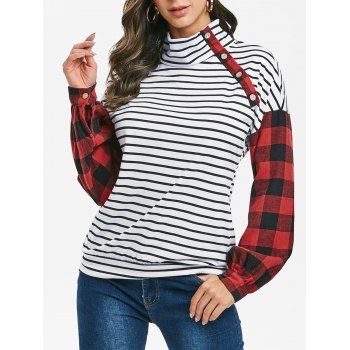 

Mock Neck Striped Checked Blouson Top, White