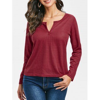 

V-notch Long Sleeve Top, Cherry red