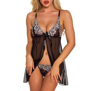 

Bowknot Mesh Lace Panel Babydoll Set, White