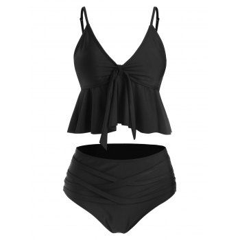 

Knot Front Skirted High Waisted Tankini Swimwear, Black