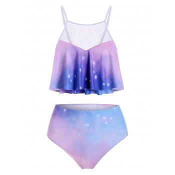 Mesh Panel Tie Dye Overlay Tankini Set, Multicolor