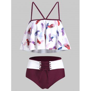 

Feather Print Lace-up Tankini Swimsuit, Plum velvet