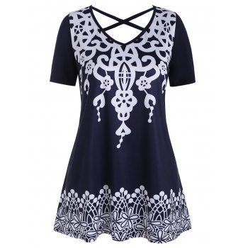 

Crisscross V Neck Printed Plus Size Top, Cadetblue