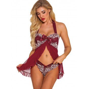 

Ruffles Lace Panel Mesh Babydoll Set, Cherry red