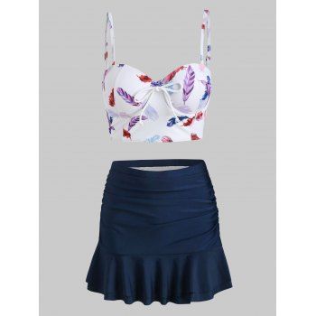 

Feather Print Push Up Skirted Two Piece Swimsuit, Navy blue