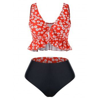 

Plus Size Floral Print Reversible Flounce Tankini Swimwear, Ruby red
