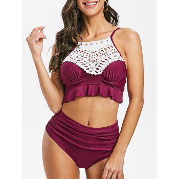 

Lace Panel Ruffles Ruched Bikini Set, Plum pie